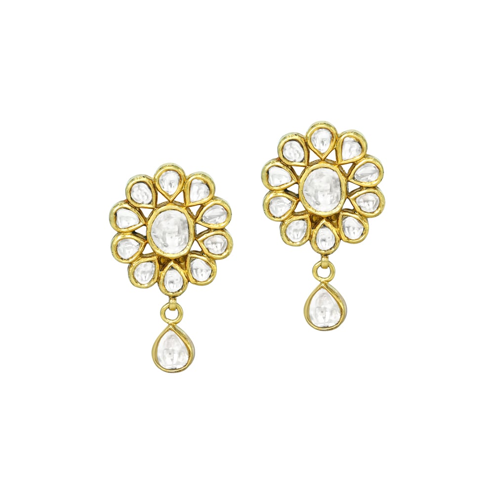 Floral Polki Earrings with Teardrop Dangling